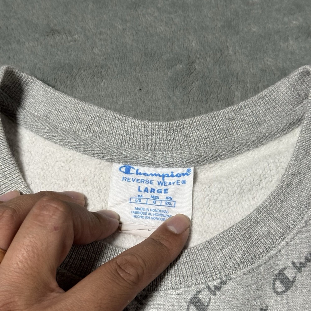 Champion‎ Reverse Weave Womens Size Large Gray Allover Print Logo Crewneck - Picture 2 of 6